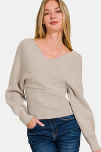 Zenana Cross Wrap Rib Long Sleeve Sweater - 7DAY'S