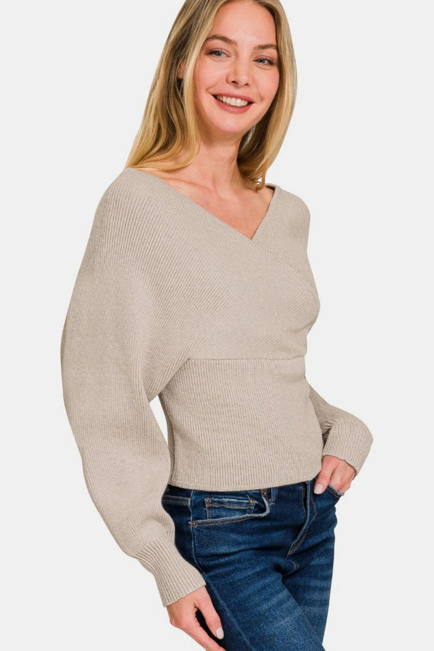 Zenana Cross Wrap Rib Long Sleeve Sweater - 7DAY'S