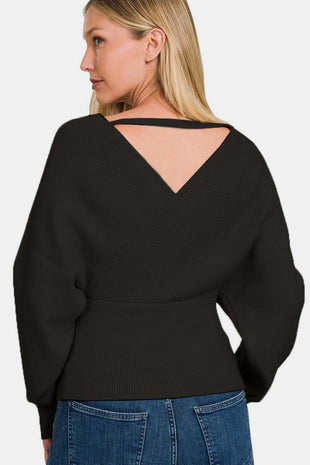 Zenana Cross Wrap Rib Long Sleeve Sweater - 7DAY'S