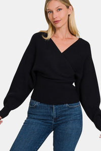 Zenana Cross Wrap Rib Long Sleeve Sweater - 7DAY'S