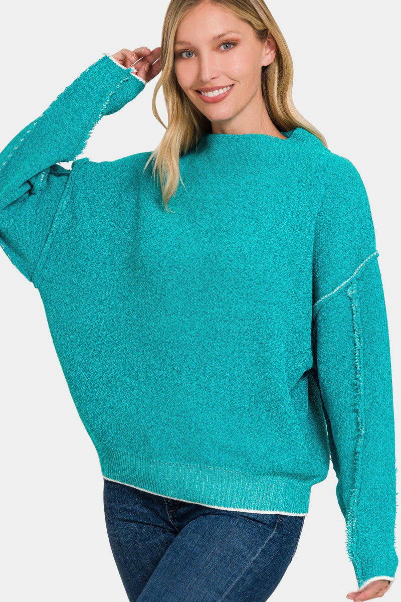 Zenana Exposed Seam Mock Neck Long Sleeve Sweater - 7DAY'S