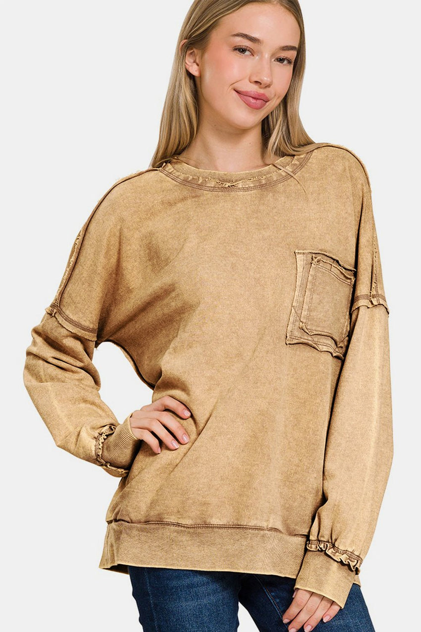 Zenana Exposed Seam Round Neck Dropped Shoulder Sweatshirt - 7DAY'S