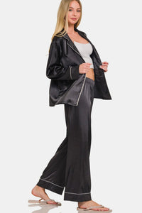 Zenana Satin Long Sleeve Shirt and Pants Pajama Set - 7DAY'S