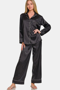 Zenana Satin Long Sleeve Shirt and Pants Pajama Set - 7DAY'S