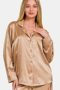 Zenana Satin Long Sleeve Shirt and Pants Pajama Set Loungewear for women - 7DAY'S