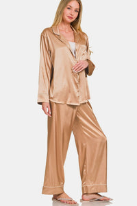 Zenana Satin Long Sleeve Shirt and Pants Pajama Set Loungewear for women - 7DAY'S