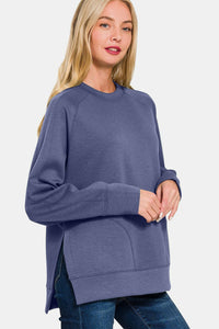 Zenana Scuba Round Neck Side Slit Sweatshirt - 7DAY'S