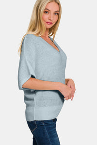 Zenana V - Neck Short Sleeve Dolman Sweater - 7DAY'S