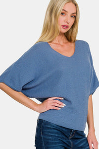 Zenana V - Neck Short Sleeve Dolman Sweater - 7DAY'S