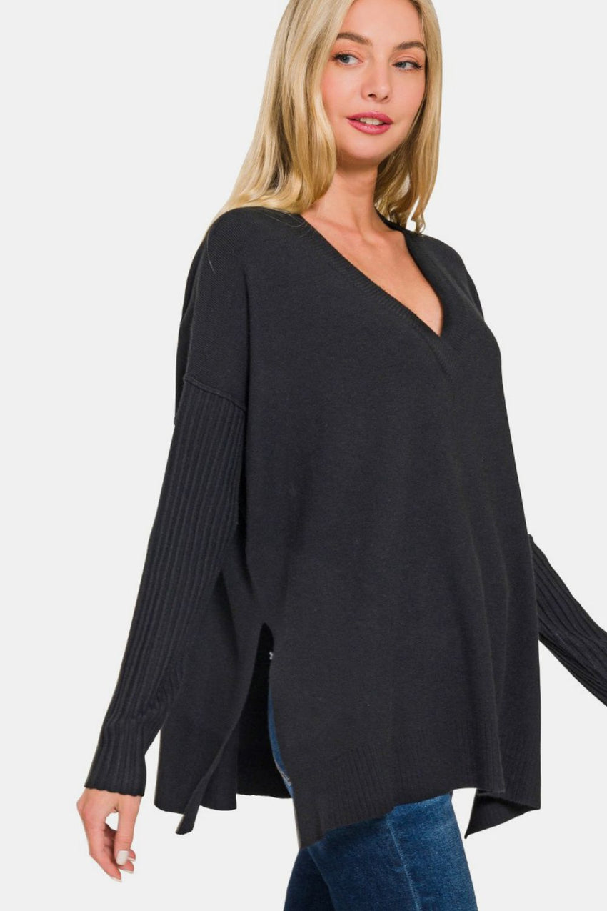 Zenana V - Neck Side Slit High - Low Sweater - 7DAY'S