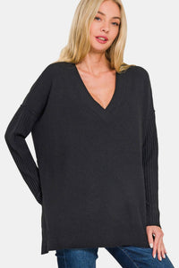 Zenana V - Neck Side Slit High - Low Sweater - 7DAY'S