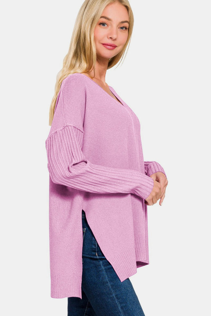 Zenana V - Neck Side Slit High - Low Sweater - 7DAY'S